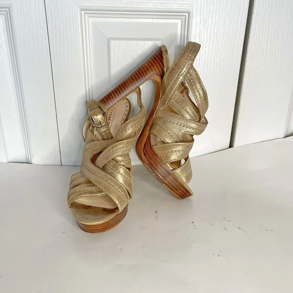 Coach Brynne Leather Metallic Gladiator Strappy Stiletto Wood Slingback Sandals